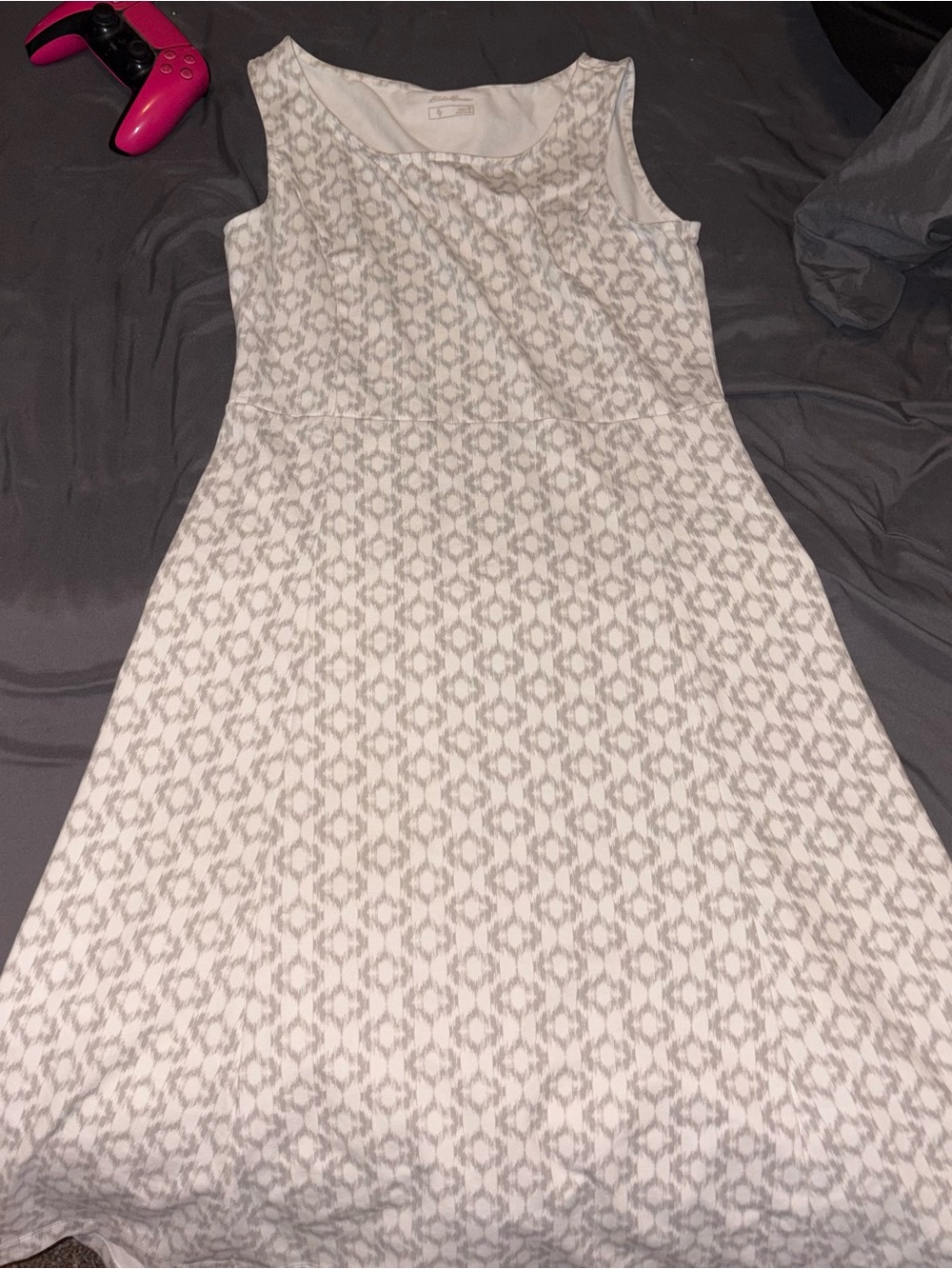 Sleeveless Patterned White and Light Gray A-Line Dress